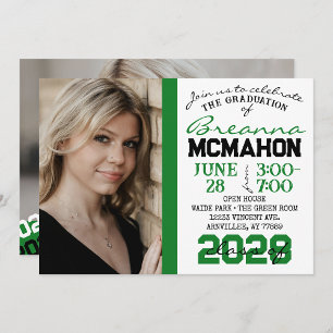 Green, Black & White Graduation 2 Photo Invitation