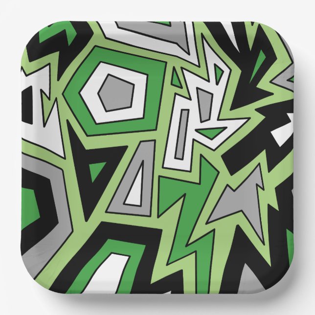 Green Black White Gray Aro Geometric Abstract  Paper Plates (Front)