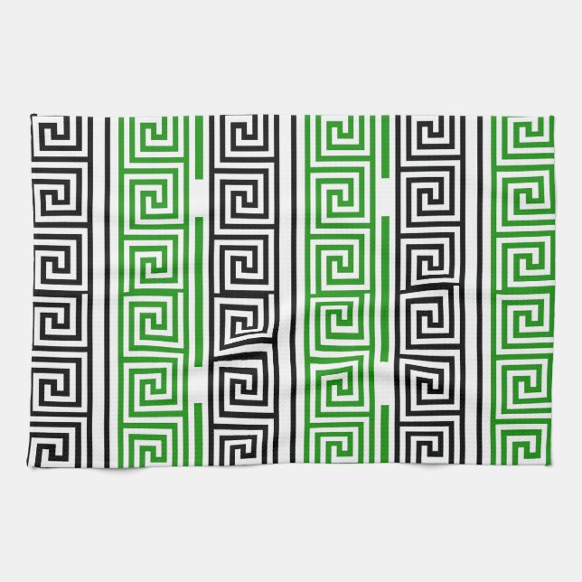 Green Black White Greek Key Fret Pattern Design  Kitchen Towel (Horizontal)
