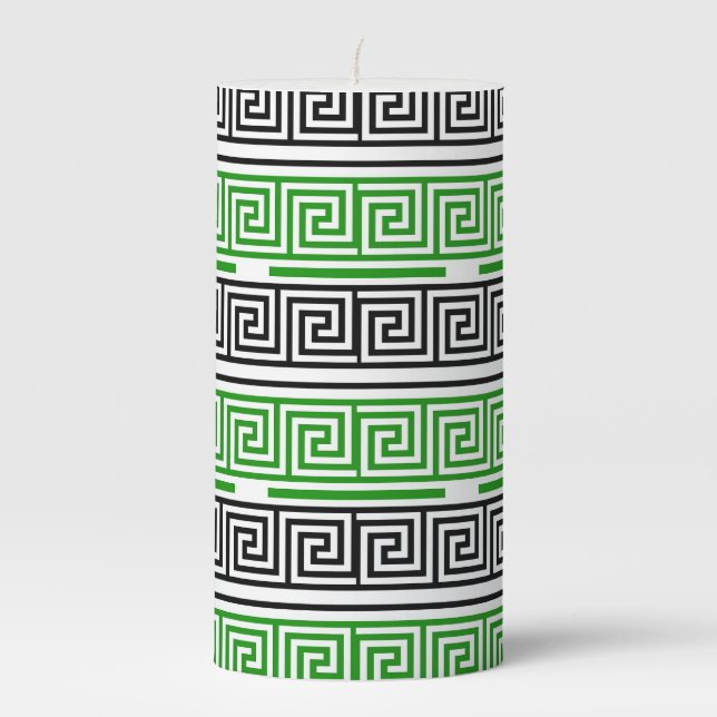 Green Black White Greek Key Fret Pattern Design  Pillar Candle (Front)