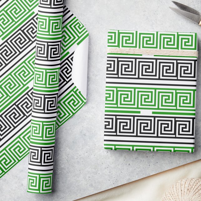 Green Black White Greek Key Fret Pattern Design  Wrapping Paper (Creator Uploaded)