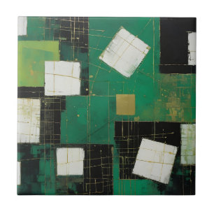 Green Black White Masterpiece in Squares Ceramic Tile