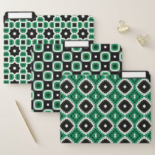 Green Black & White Mosaic Geometric Pattern Set File Folder