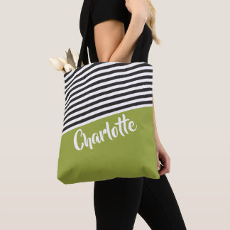 Green Black White Striped Pattern Personalized Tote Bag