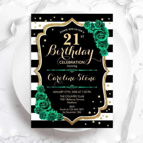 Green Black White Stripes Feminine 21st Birthday Invitation