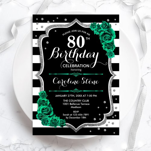 Green Black White Stripes Roses 80th Birthday Invitation
