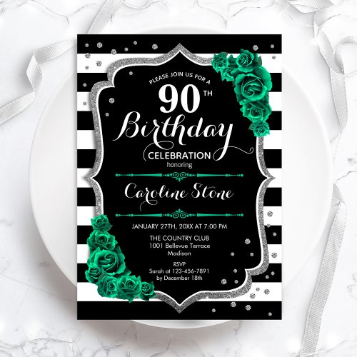 Green Black White Stripes Roses 90th Birthday Invitation