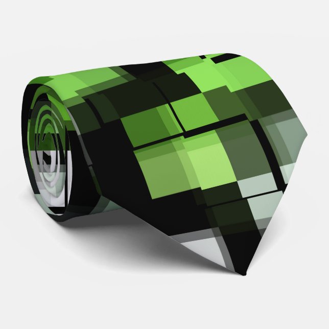 Green Black White Trendy Modern Pixel Pattern Tie (Rolled)