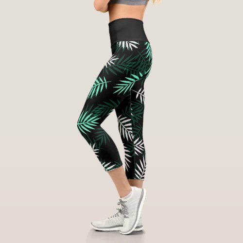 Green Black White Tropical Palm Leaves Pattern Capri Leggings