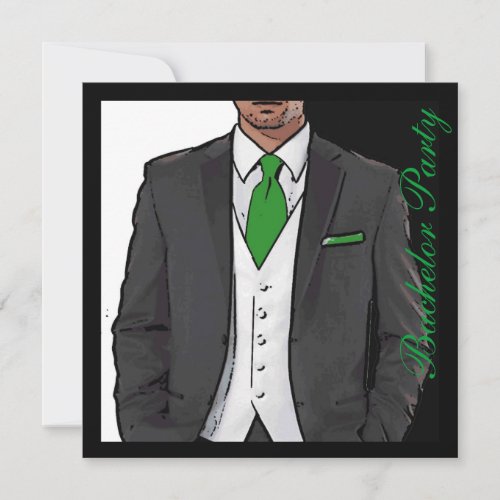 Green black white tuxedo bachelor party invites