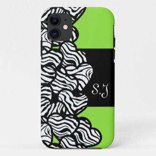 Green black white zebra pattern heart monogram iPhone 11 case