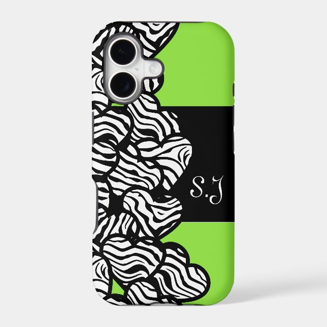 Green black white zebra pattern heart monogram iphone case (Back)