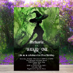 Green Black Witch Wicked One Girl First Birthday Invitation<br><div class="desc">Painted Wickedly Good Witch Green Black Wicked One Girl First Birthday Invitation - This invitation features a green and black painting of a witch in an enchanted forest. On the back it says "A wickedly good 1st birthday awaits". With vintage style font. Customize this editable girl's first birthday party invitation...</div>