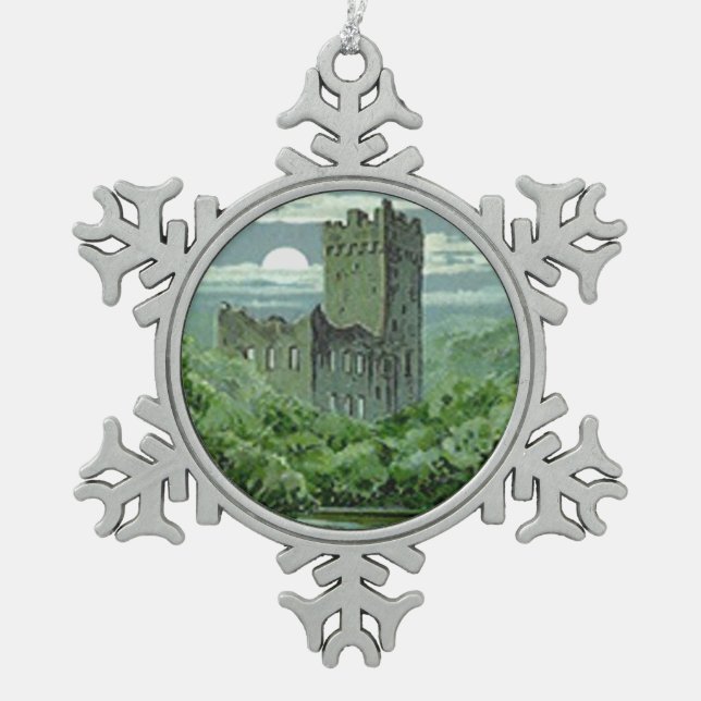 Green Blarney Castle Ireland Shamrock Snowflake Pewter Christmas Ornament (Front)