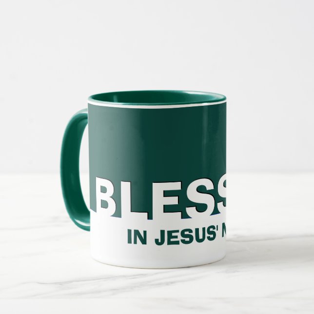 Green BLESSED In Jesus' Name Christian Mug (Front Left)