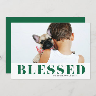 Green Blessed Typography Photo Christmas Holiday Card