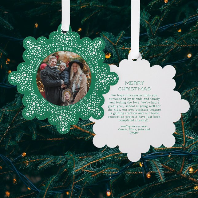 Green Blizzard Dots Snowy Photo Holiday Christmas Ornament Card (Creator Uploaded)