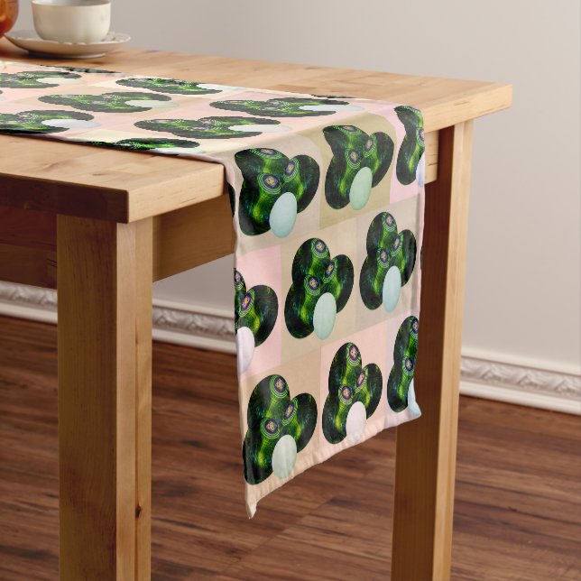Green Block Art Lawn Bowls Pattern, Table Runner (In Situ)