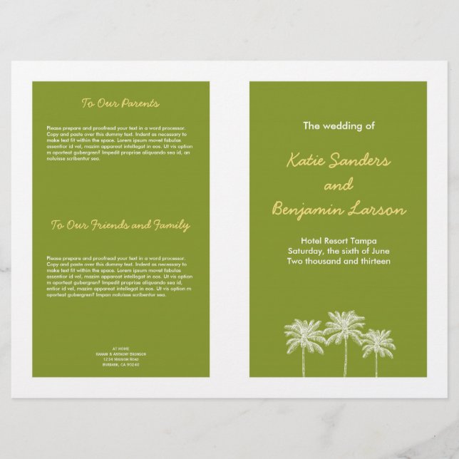Green block palm trees summer wedding program (Front)