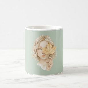 Green Blond Girl Yellow Leaf Fall Coffee Mug