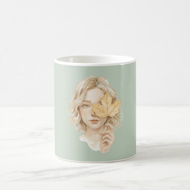 Green Blond Girl Yellow Leaf Fall Coffee Mug (Center)