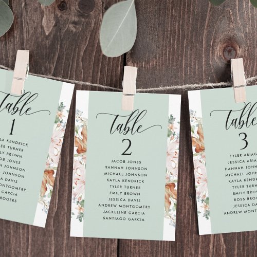 Green Blooms Seating Plan Cards with Guest Names