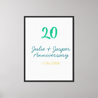 Green blue 20th anniversary name date orange canvas print