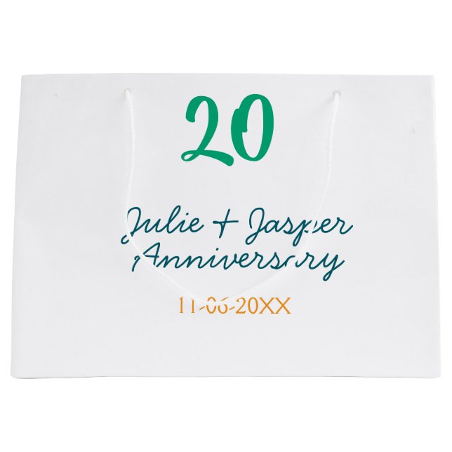 Green blue 20th anniversary name date orange  large gift bag (Front)