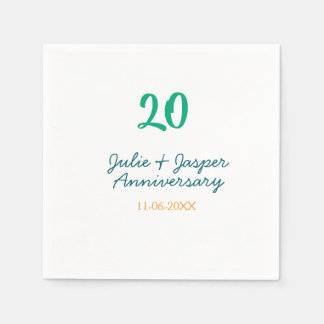 Green blue 20th anniversary name date orange napkins