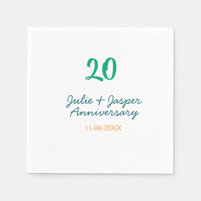 Green blue 20th anniversary name date orange  napkins (Front)