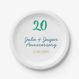 Green blue 20th anniversary name date orange paper plates