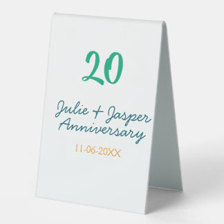 Green blue 20th anniversary name date orange table tent