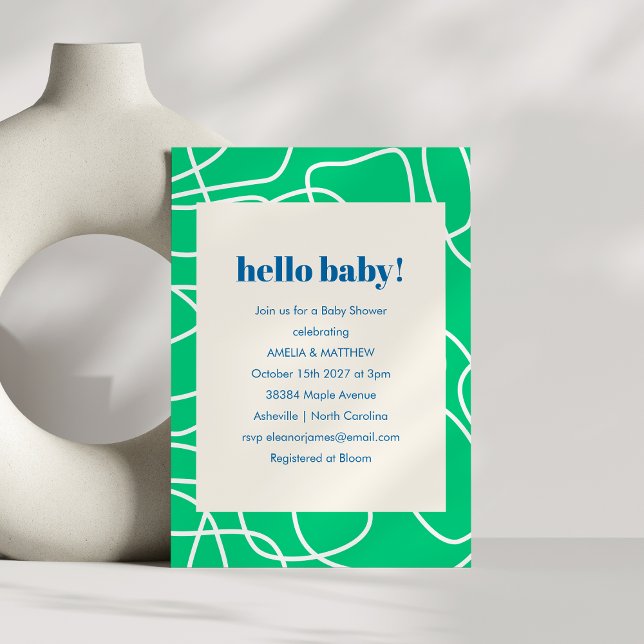 Green Blue Abstract Hello Modern Cute Baby Shower Invitation (Creator Uploaded)