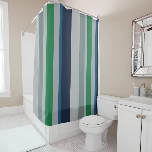 Green Blue Abstract Stripes Shower Curtain (In Situ)