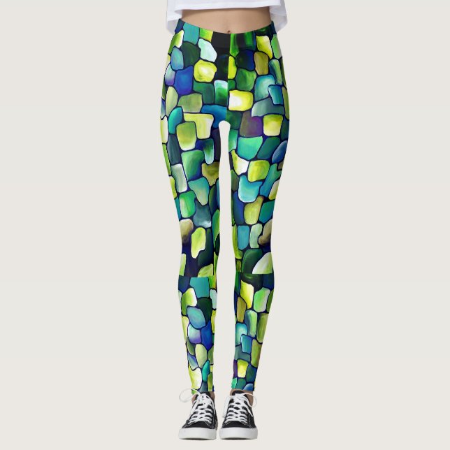 Green Blue Abstract Watercolor Whimsical Pattern Leggings (Front)