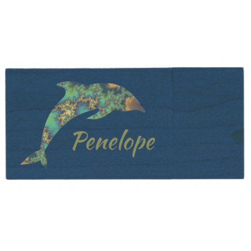 Green Blue and Gold Fractal Dolphin with Your Name Wood Flash Drive