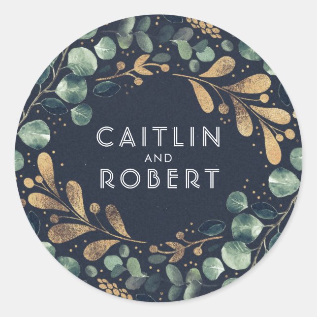 Green Blue and Gold Greenery Wedding Classic Round Sticker (Front)