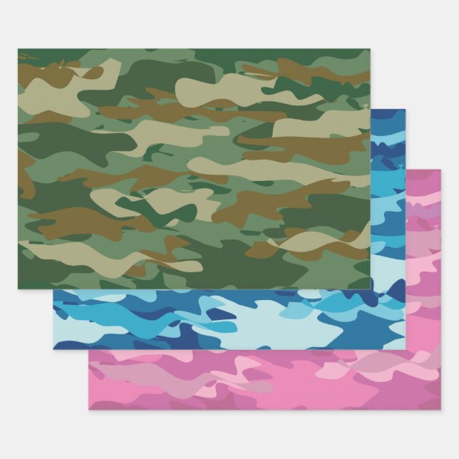 Green blue and pink army camo camouflage pattern wrapping paper sheets (Set)