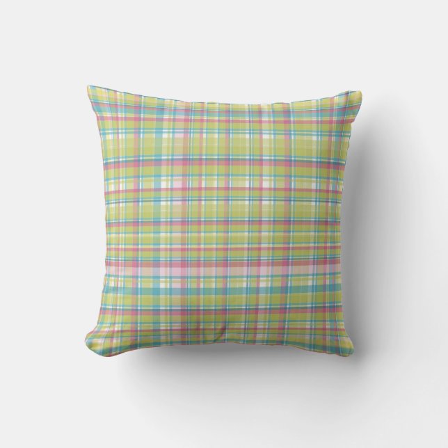 Green, Blue and Pink Plaid Throw Pillow (Front)