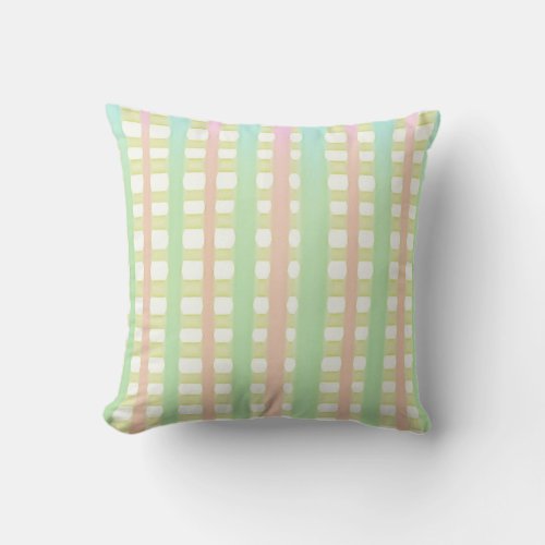 Green blue and pink watercolor stripes on white throw pillow