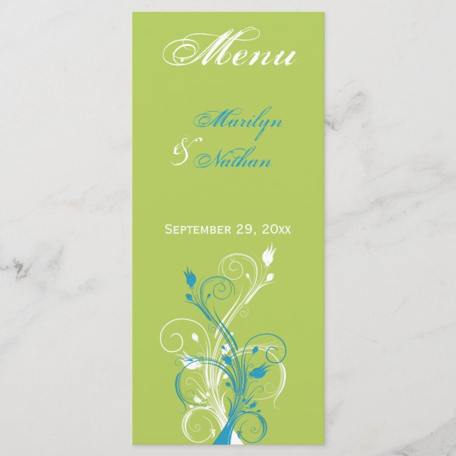 Green, Blue, and White Floral Menu Card (Front)
