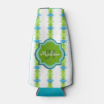 Green, Blue and White Funky Stripe Monogram Bottle Cooler