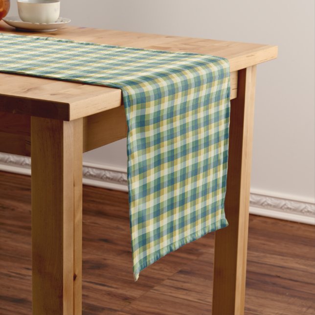 Green, Blue and Yellow Checkered Plaid Short Table Runner (In Situ)
