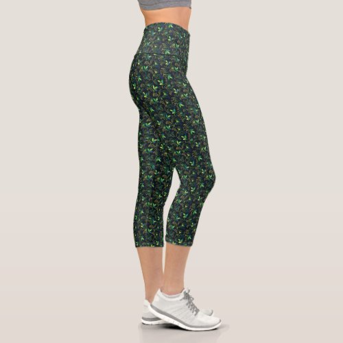 Green Blue and Yellow Floral on Black Background Capri Leggings