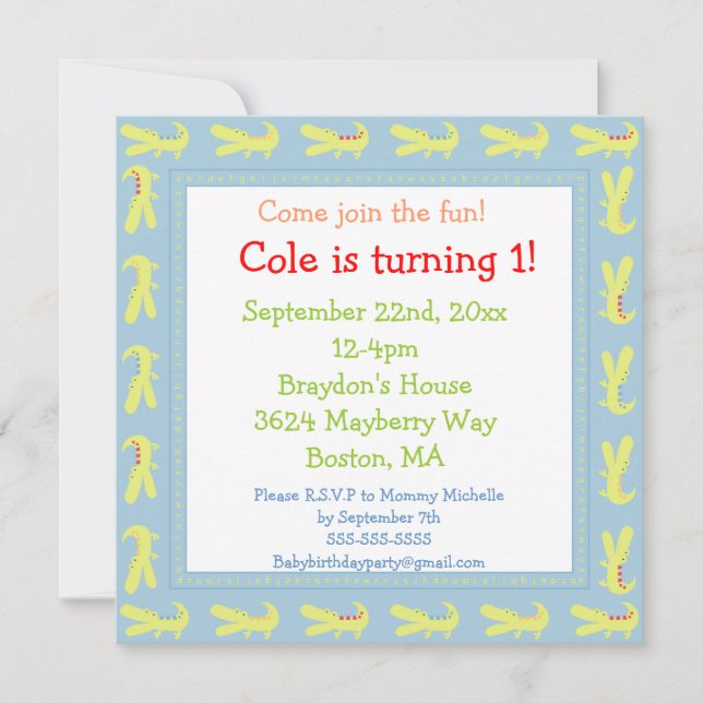 Green & Blue Baby Alligator Birthday Invitations (Front)