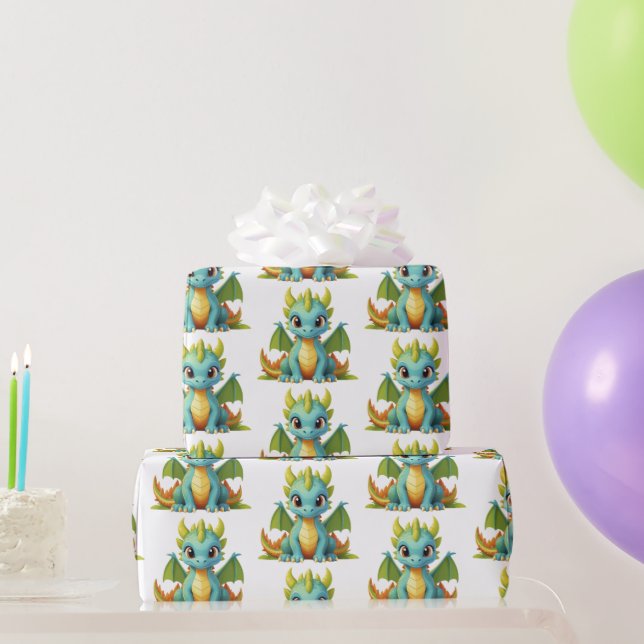 Green Blue Baby Dragon Fantasy Wrapping Paper (Party Gifts)