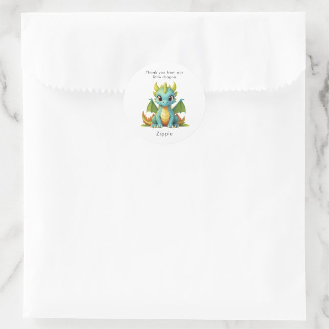 Green Blue Baby Dragon Personalized Thank You Classic Round Sticker (Bag)