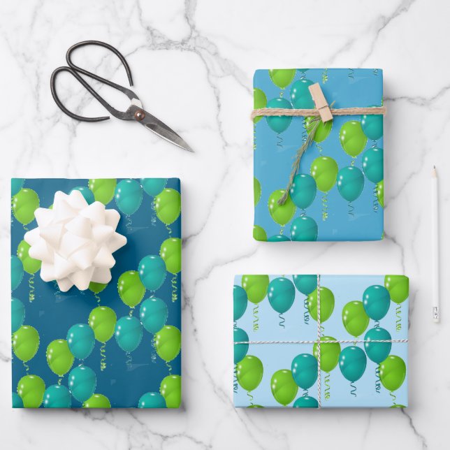 Green Blue Balloons Design Wrapping Paper Sheets (Front)