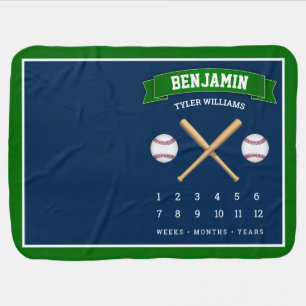 Green Blue Baseball Bats Balls Monthly Milestone Baby Blanket