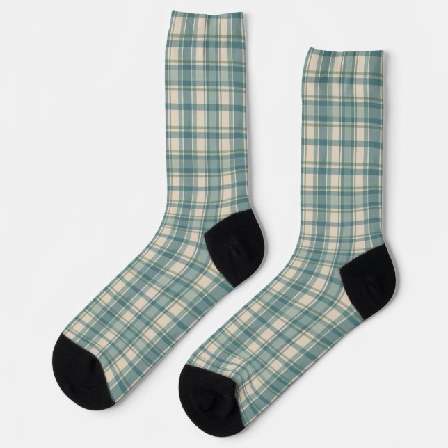 Green Blue Beige Plaid Tartan Buffalo Men's Women Socks (Left)